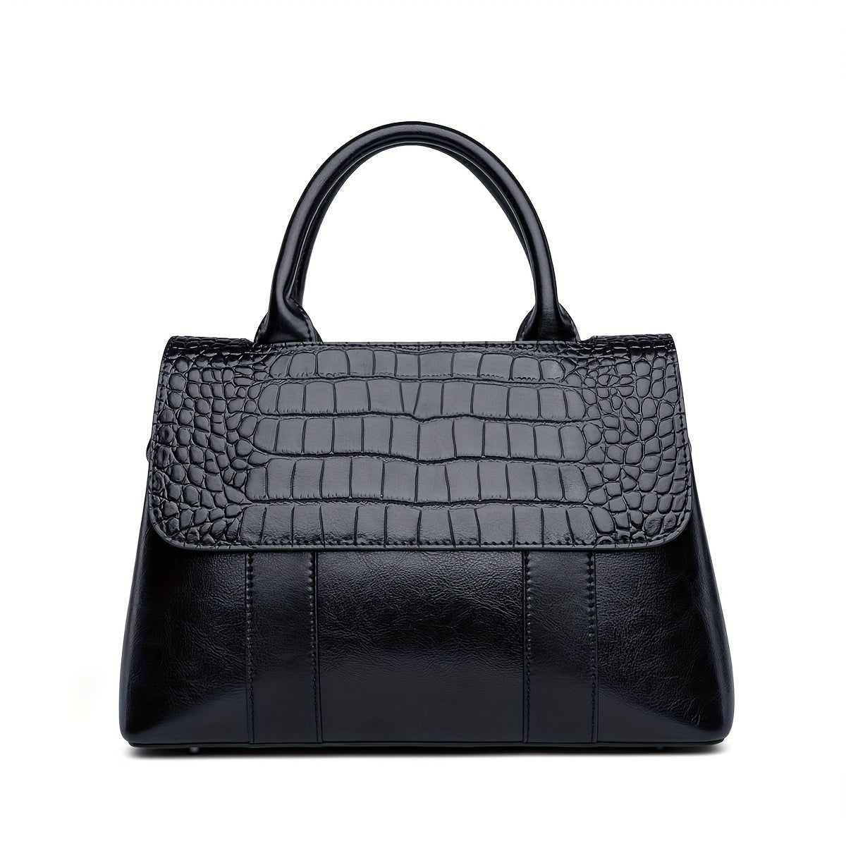 Vintage Crocodile Pattern Leather Boston Bag Adjustable Strap H