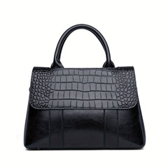 Vintage Crocodile Pattern Leather Boston Bag Adjustable Strap H