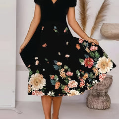 Floral A Line Dress V Neck Short Sleeve Midi