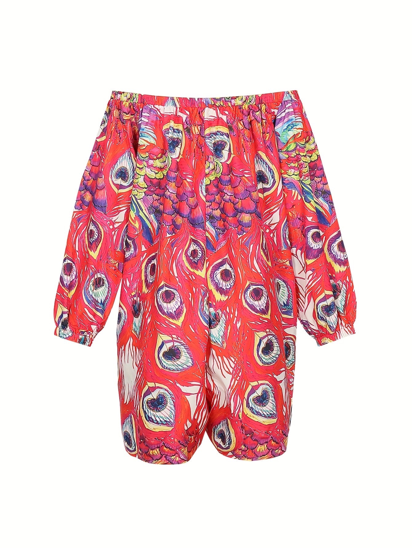 Peacock Print Off Shoulder Bubble Sleeve Romper With Pockets