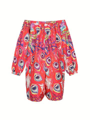 Peacock Print Off Shoulder Bubble Sleeve Romper With Pockets