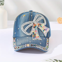 Rhinestone Bow Patch Baseball Cap Denim Washed Distressed Dad Hat