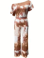 Abstract Print Slanted Shoulder Jumpsuit Casual Wide Leg Short Sleeve Jumpsuit