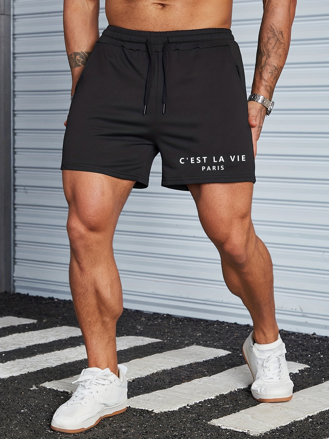 Men's Casual Letter Print Track Shorts Drawstring Waist Summer Workout Shorts