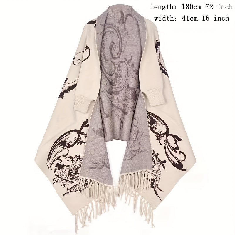 Vintage Jacquard Shawl Large Blanket Cardigan with Tassel Cape