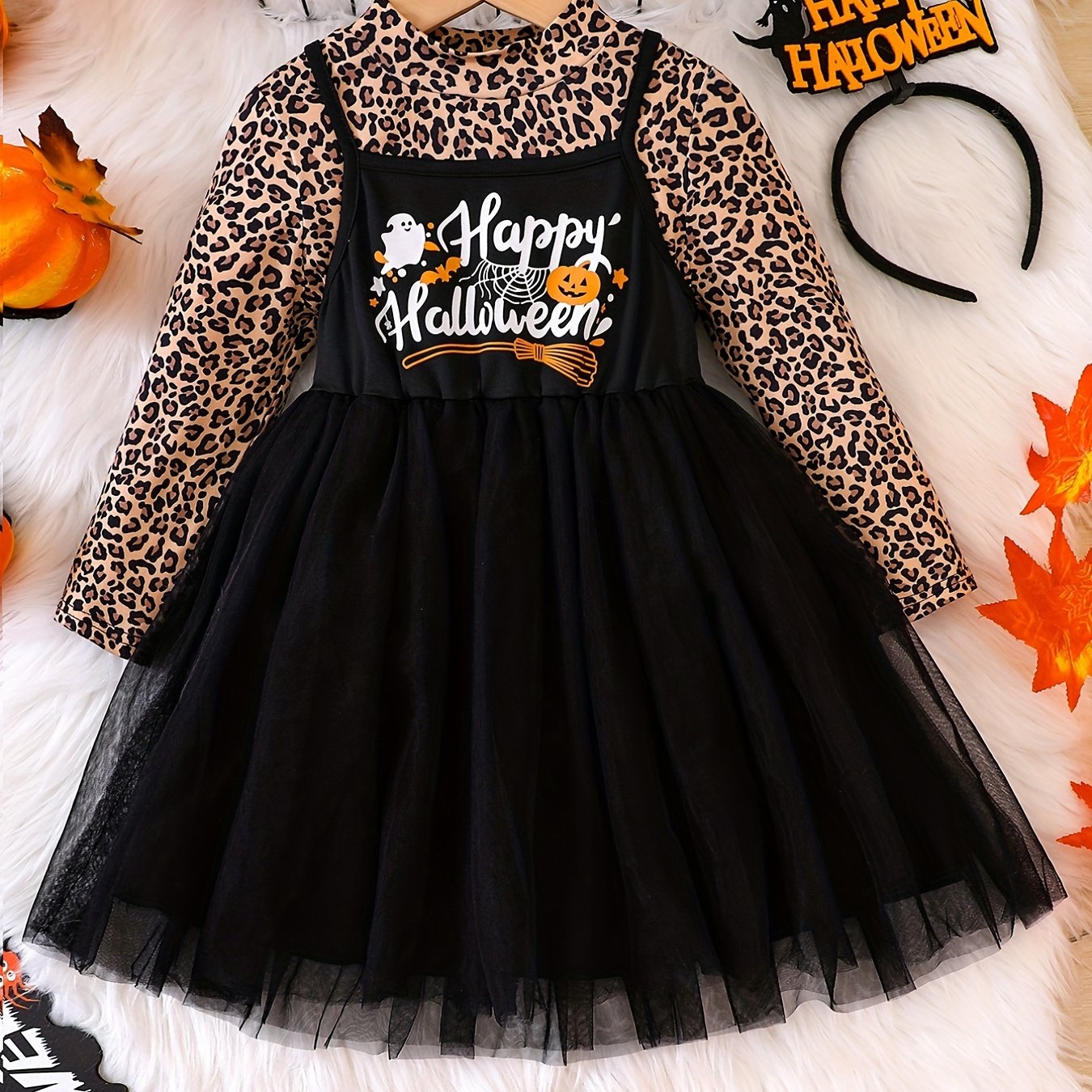 Girl's Mesh Sundress & Leopard Pattern Top Set