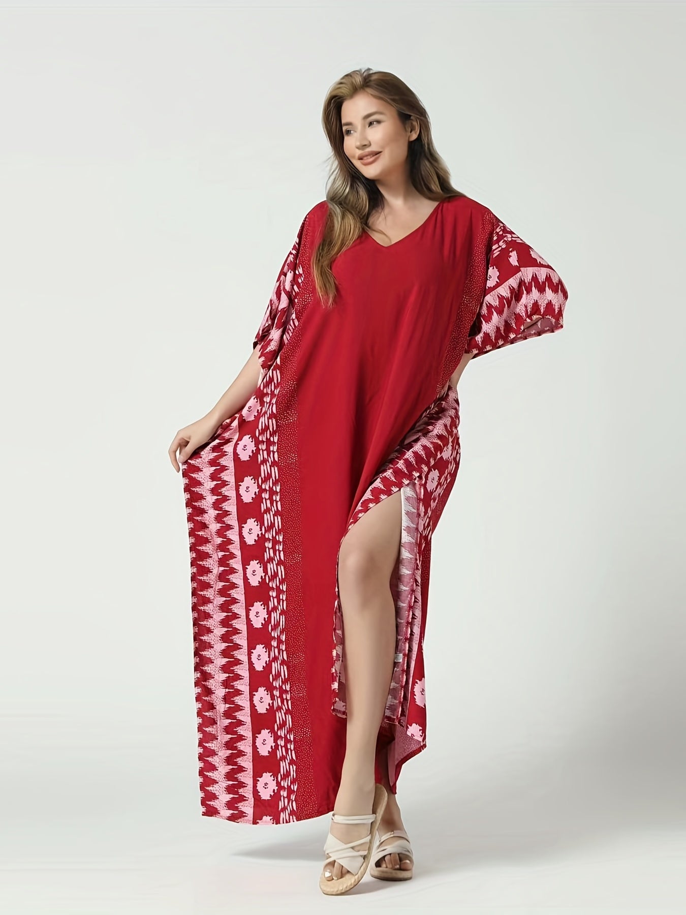 Floral Striped Batwing Sleeve V Neck Maxi Cover Up