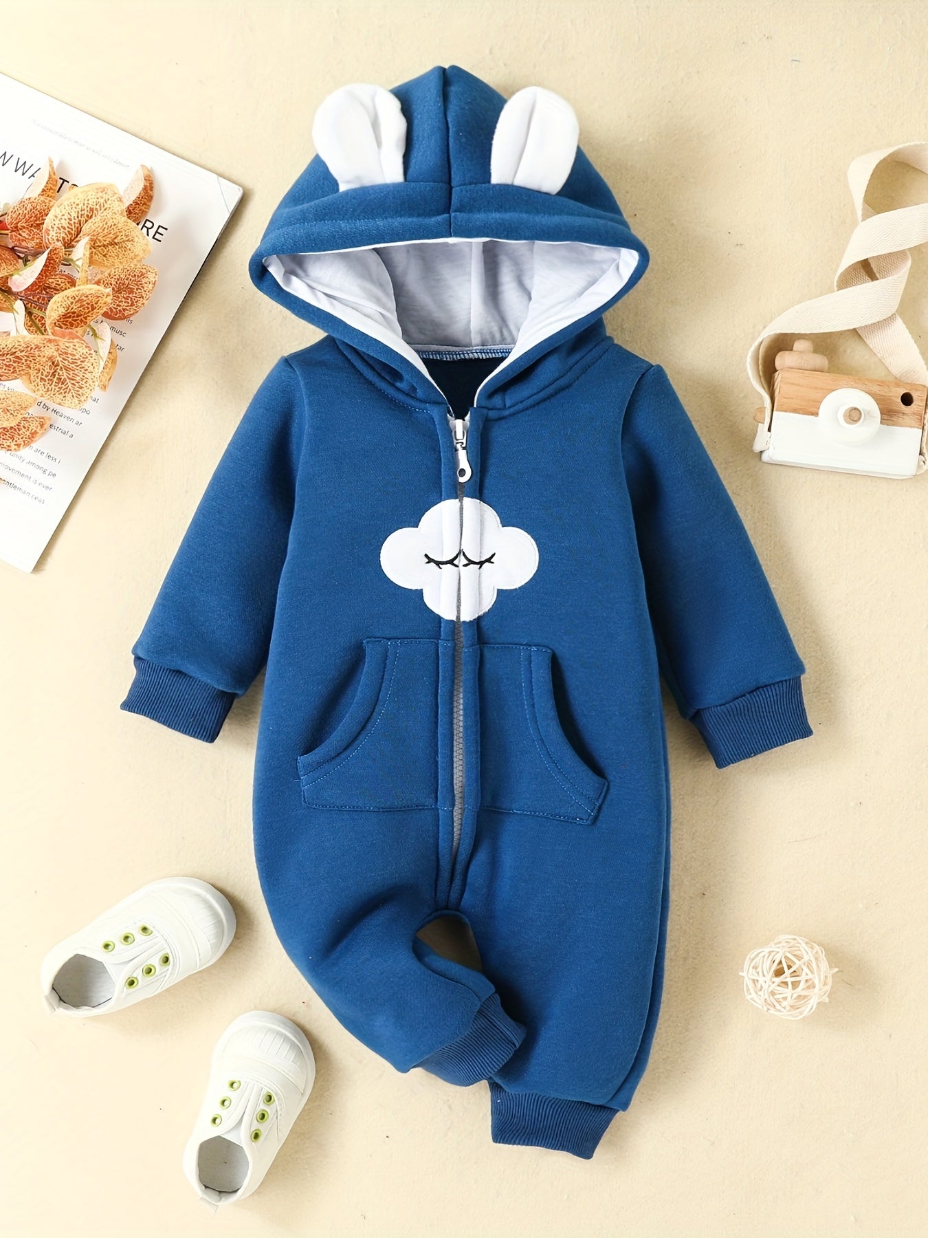 Baby Girl's Cloud Embroidered Hooded Romper