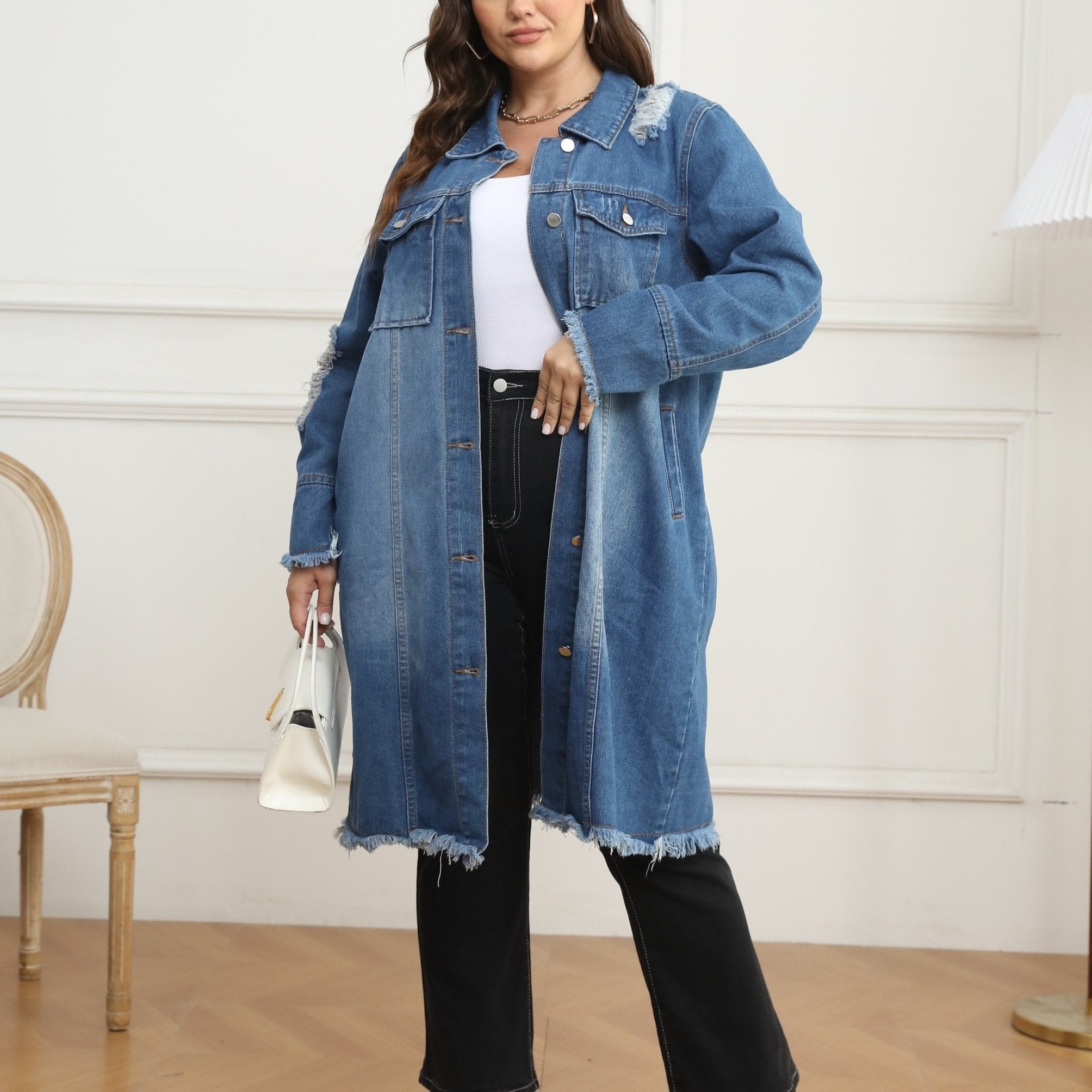 Ripped Denim Jacket Fringe Trim