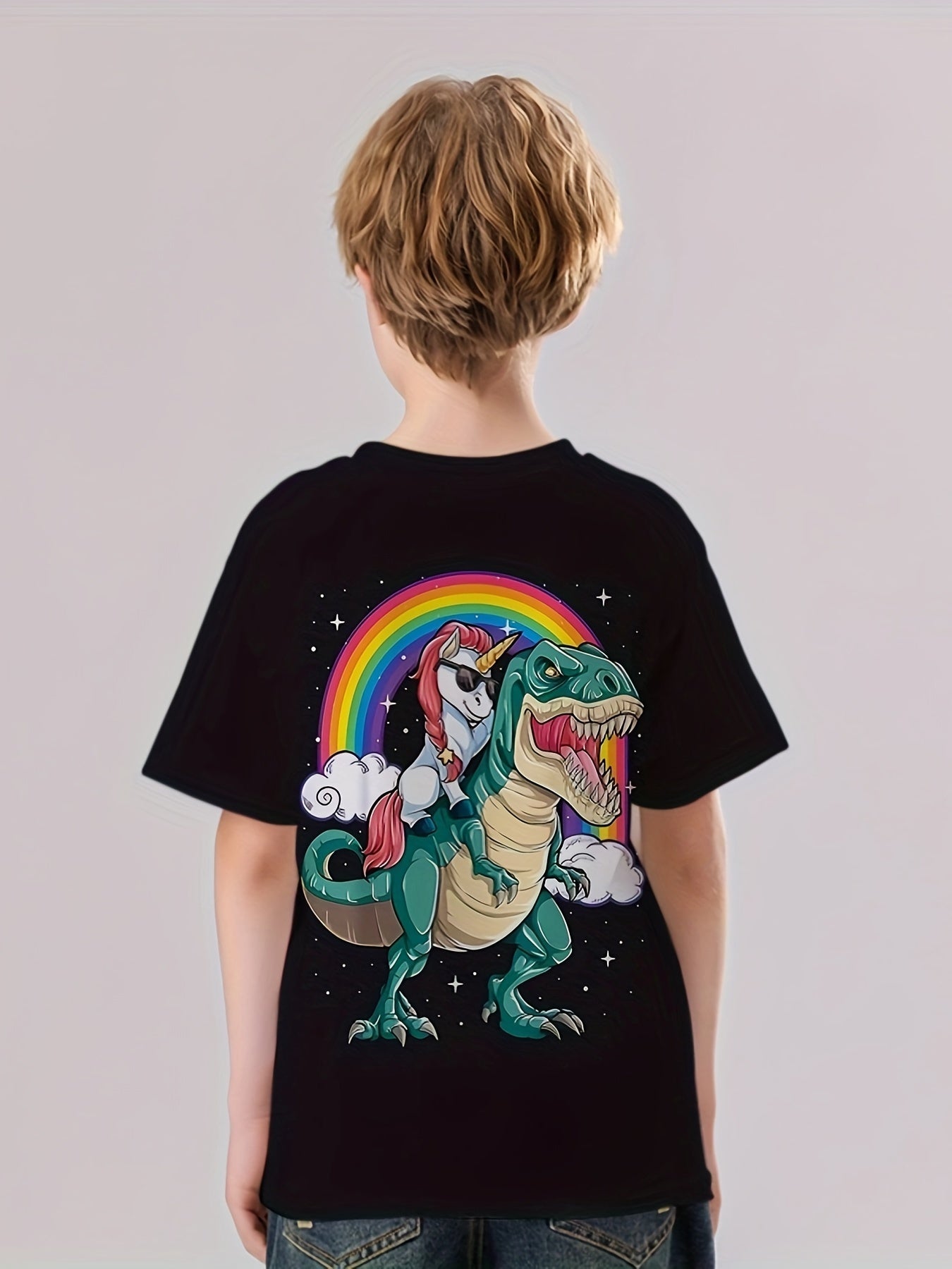 Unicorn Riding Dino Print Boys Creative T Shirt Short Sleeve Tee For Kids