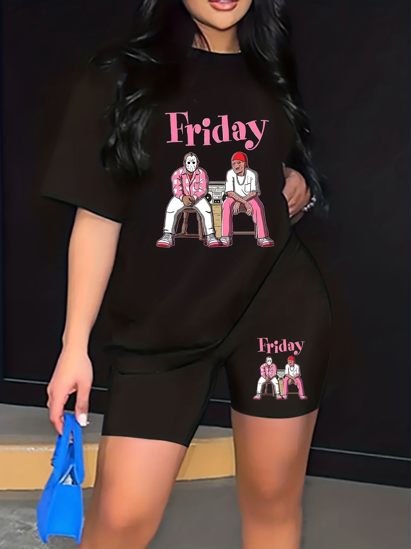 Cartoon Figure & Letter Print Top & Shorts Set