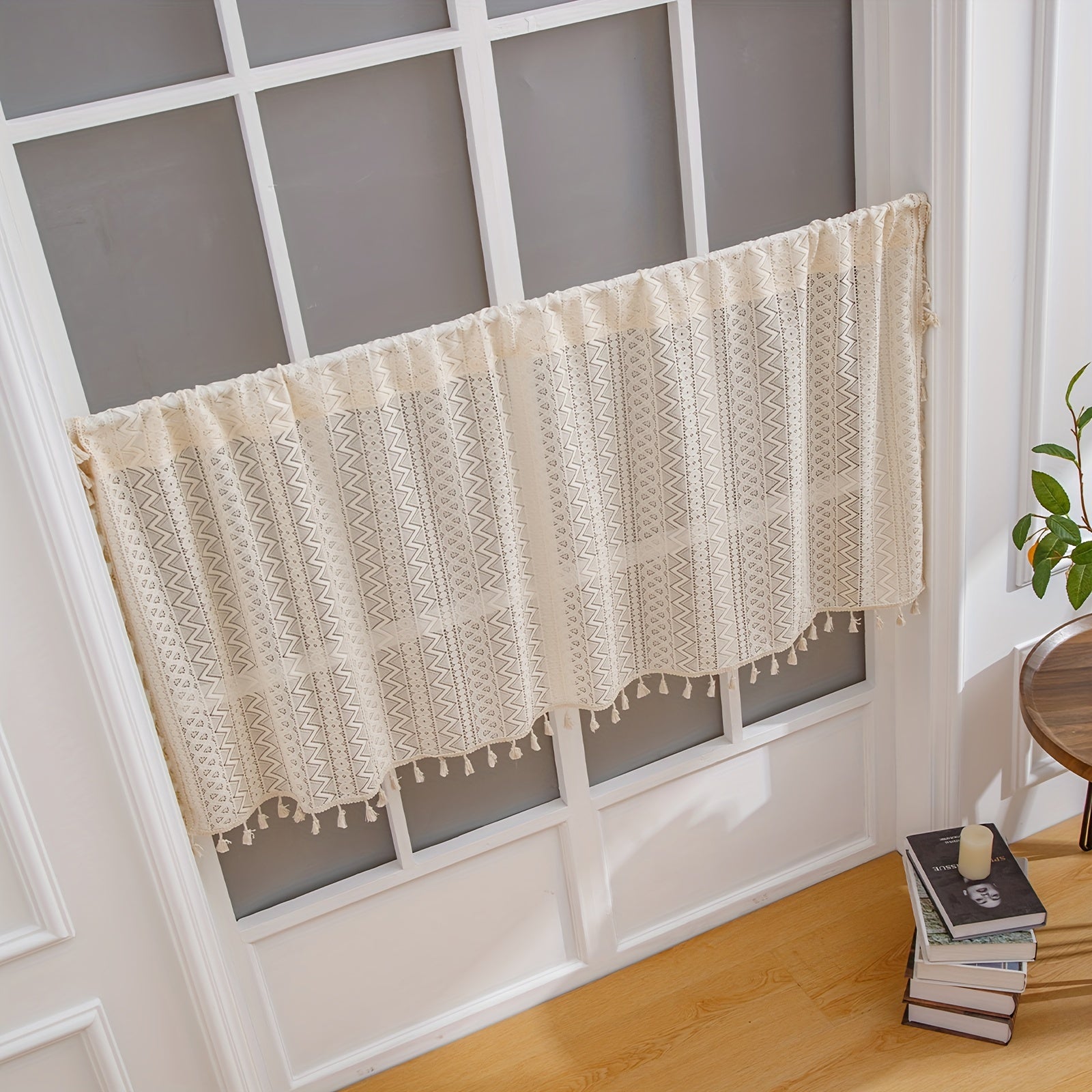 Boho Beige Tassel Trim Curtains Geometric Rod Pocket Coffee Curtains