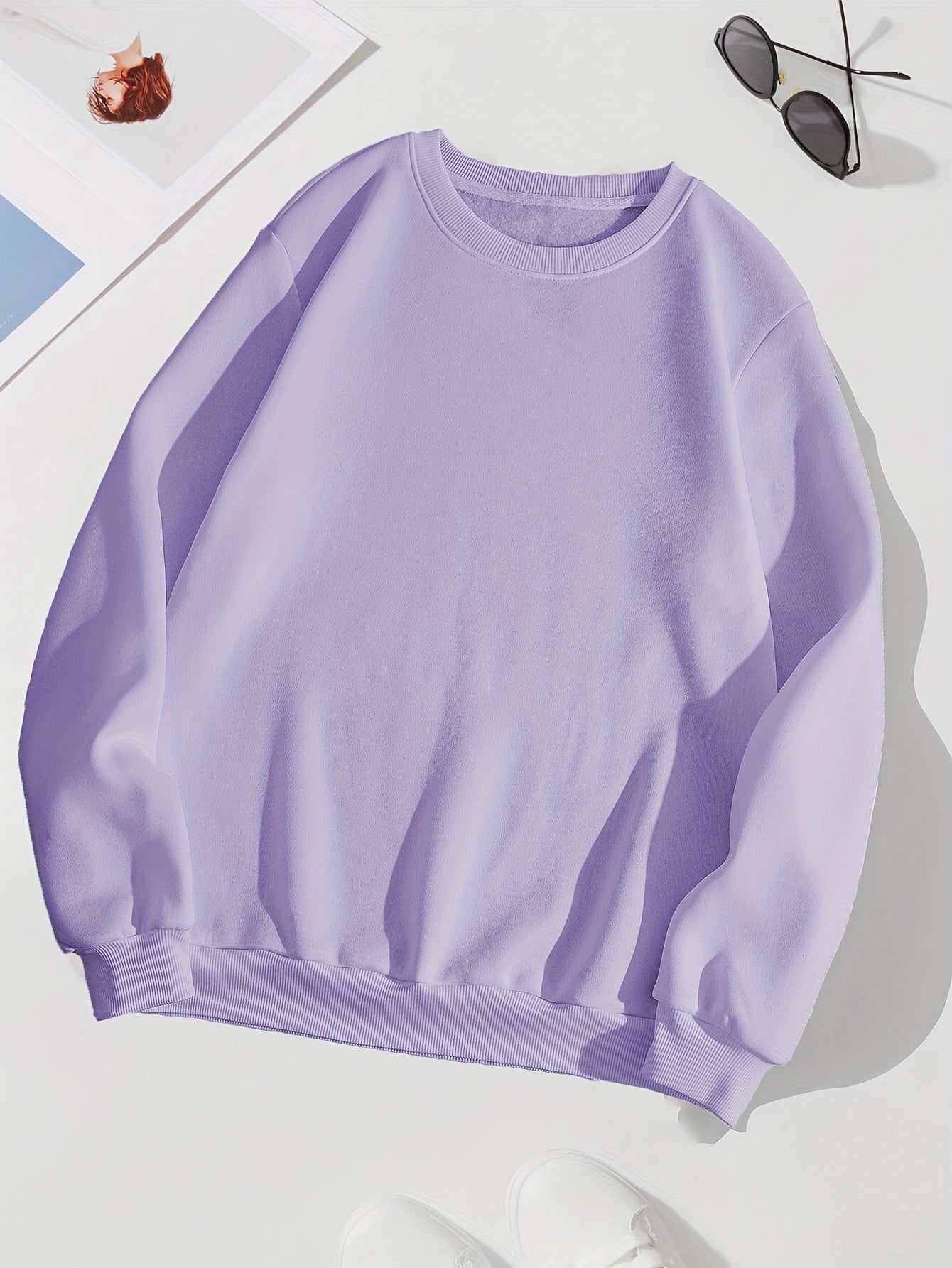 Solid Crew Neck Long Sleeve Sweater Plush Inner Outwear Pullover Shirt
