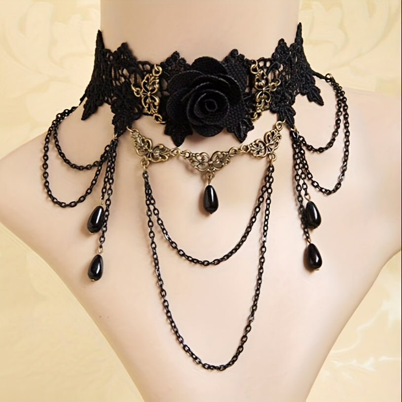 Dark Vintage Party Lace Choker Necklace with Rose Flower Pendant
