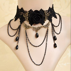 Dark Vintage Party Lace Choker Necklace with Rose Flower Pendant