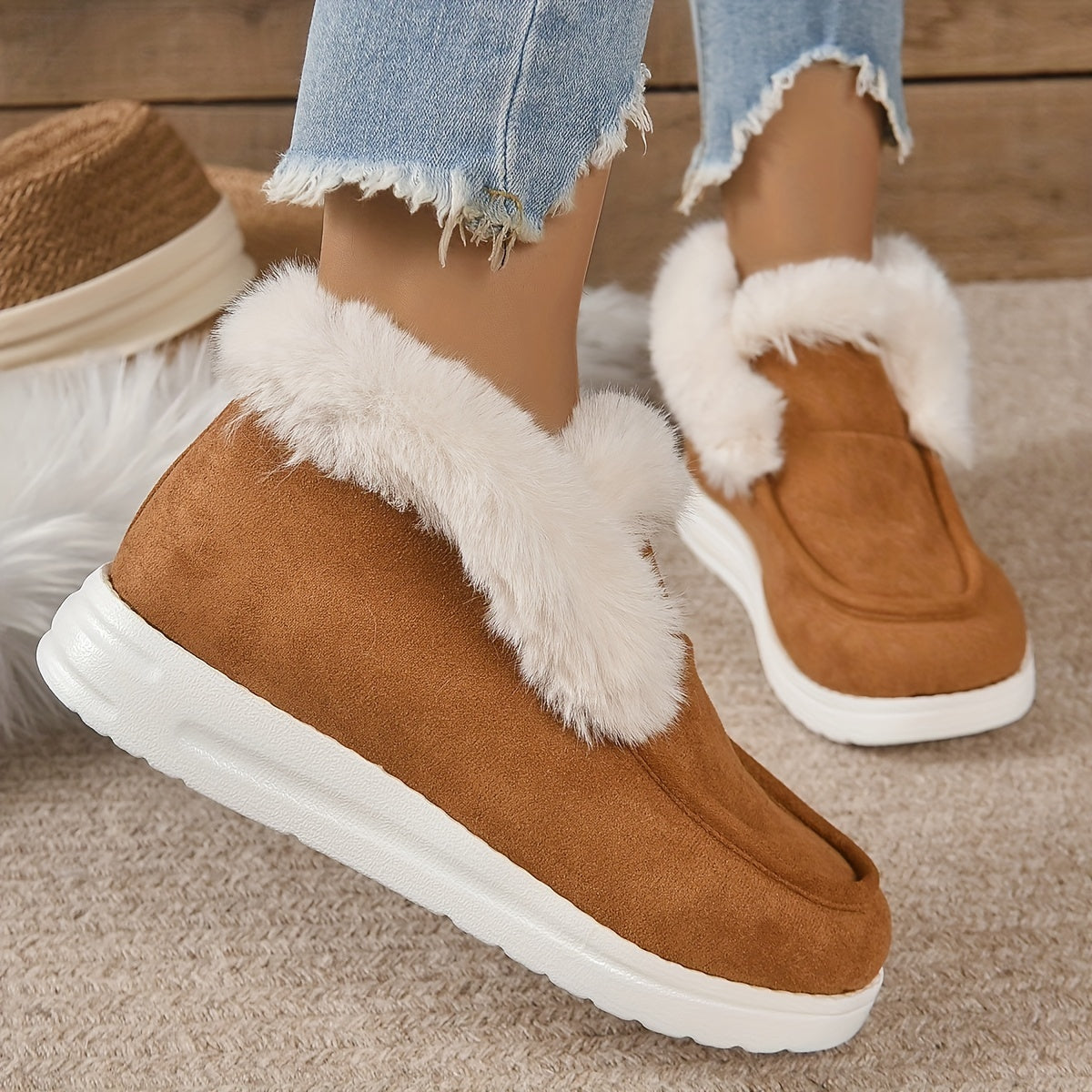 Women's Suede Snow Boots Round Toe Plush Lined Slip On Winter Shoes