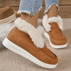 Women's Suede Snow Boots Round Toe Plush Lined Slip On Winter Shoes
