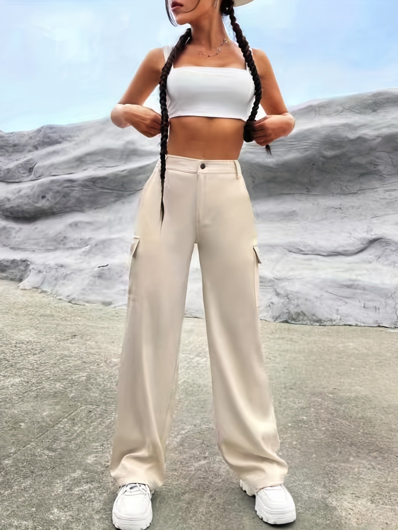 Flap Pockets Wide Leg Pants For Women