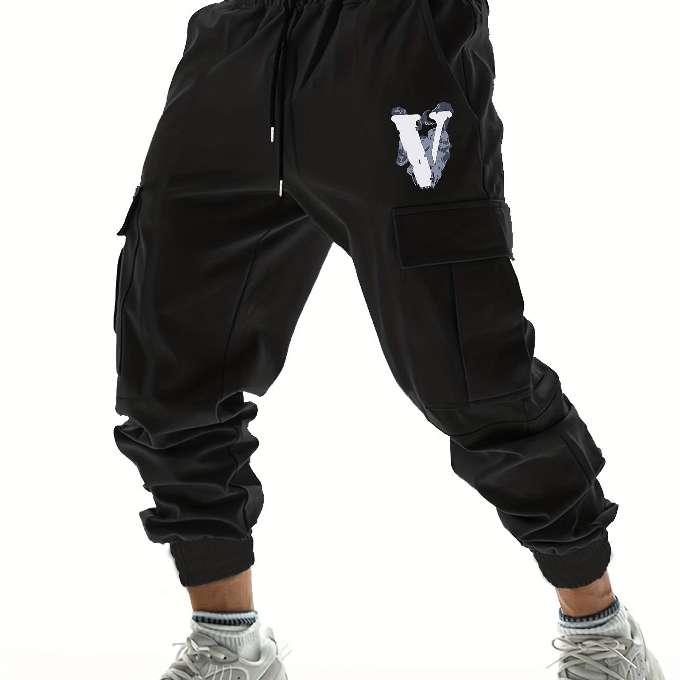 V Letter Print Casual Cargo Pants Men's Joggers for Spring