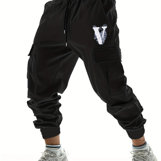 V Letter Print Casual Cargo Pants Men's Joggers for Spring