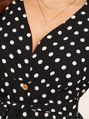 Polka Print Cap Sleeve V Neck Dress With Belt
