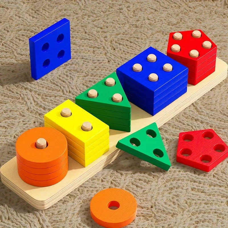 Recycled Wood Stacking Toy for Toddlers Educational Shape Sorting Puzzle