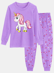 Girls Unicorn Print Pajamas Set Long Sleeve T shirt & Heart Print Pants
