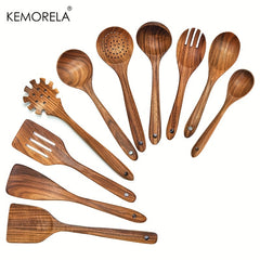 10pcs Non Stick Wooden Utensil Set Safe & Easy to Clean Modern Cookware