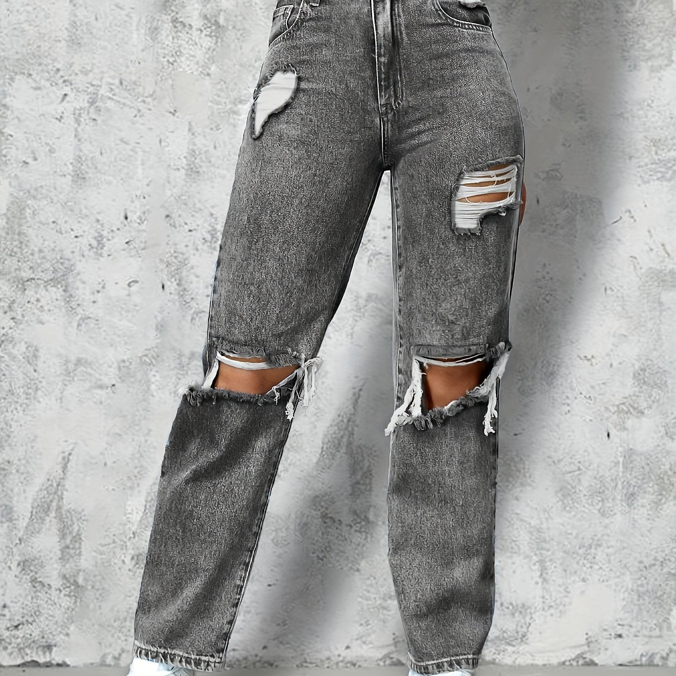 Grey Ripped Holes Straight Jeans Distressed Loose Fit Slash Pockets Denim Pants