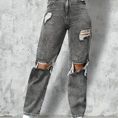 Grey Ripped Holes Straight Jeans Distressed Loose Fit Slash Pockets Denim Pants