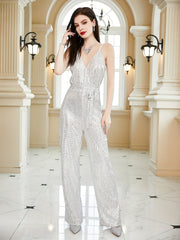 Sequined V Neck Jumpsuit w/Belt