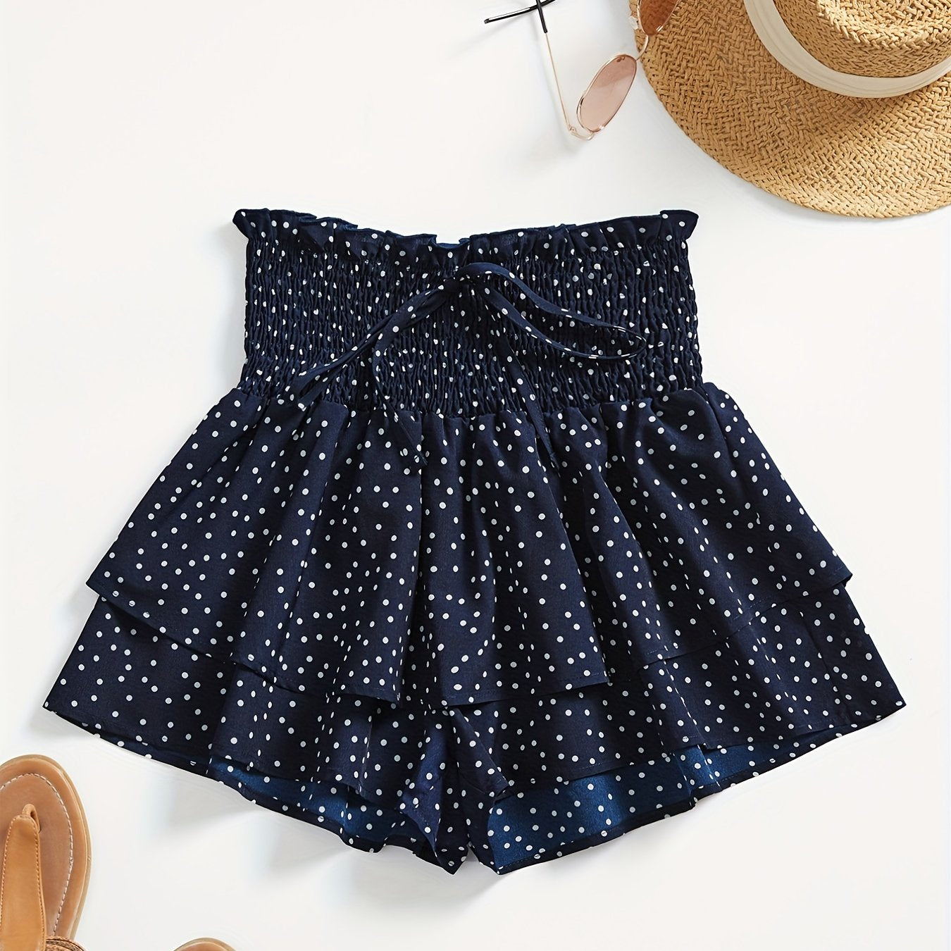 Polka Dot Layered Shorts Ruffle Trim Shirred Waist Shorts