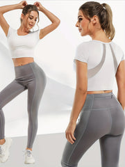 Stylish Solid Back Mesh Crop T Shirt for Yoga Running