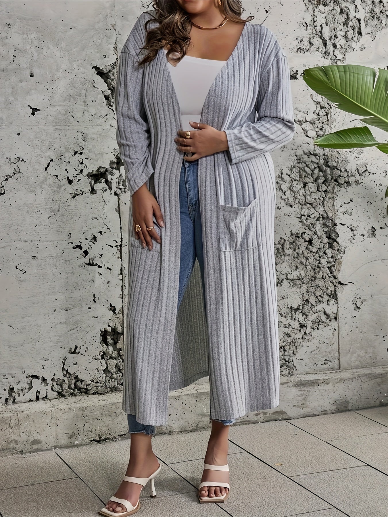 Solid Ribbed Long Sleeve Open Front Cardigan With Pockets