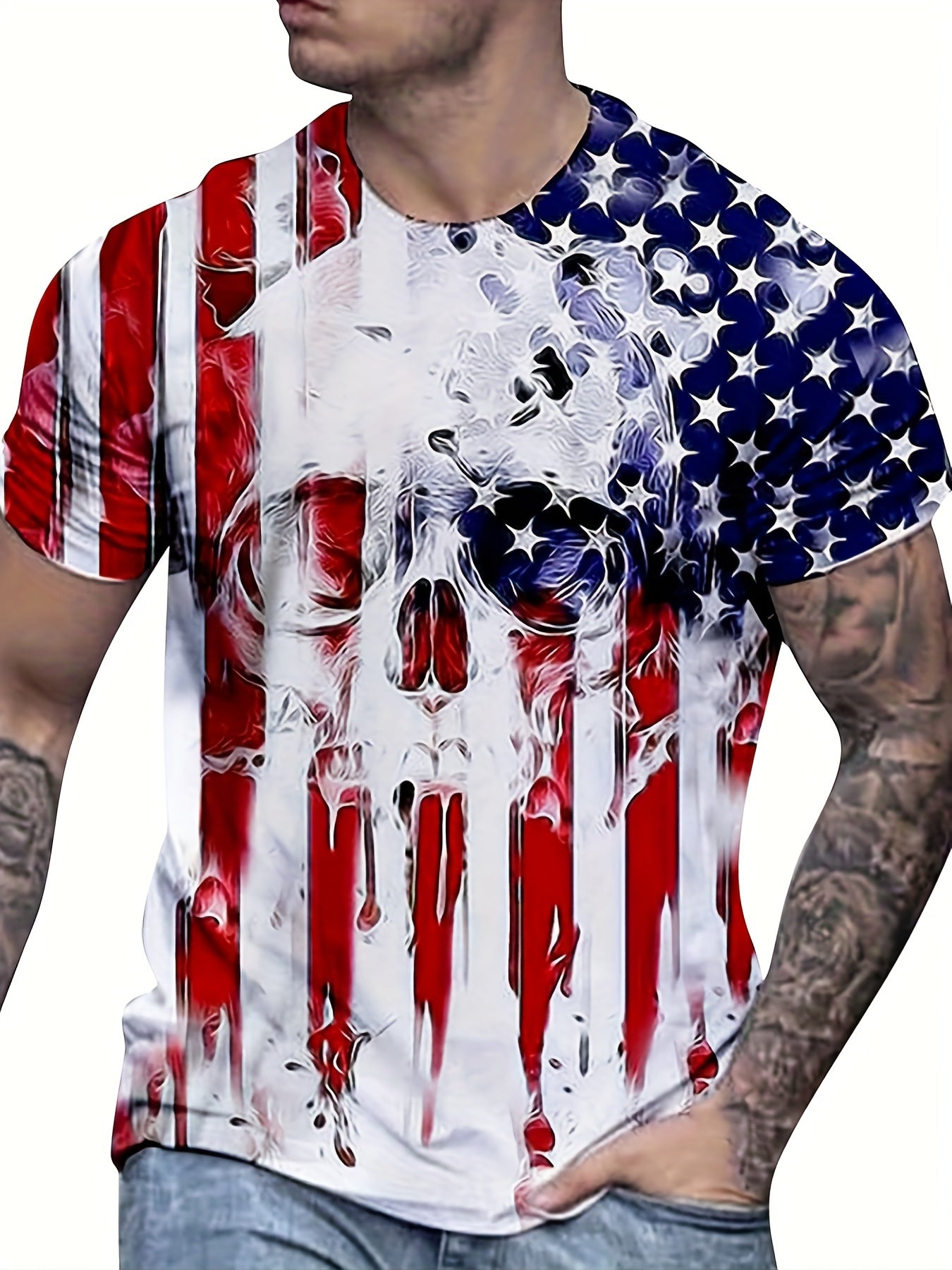 Men's American Flag & Skull Graphic T shirt 3D Print Crew Neck Tee