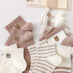 5 Pairs Cartoon Bear Print & Striped Plaid Short Women's Socks