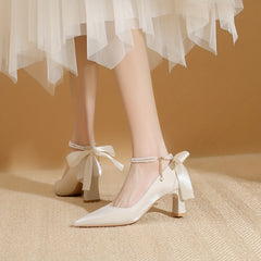 Pearl Chain Chunky Heels Pointed Toe Wedding Shoes