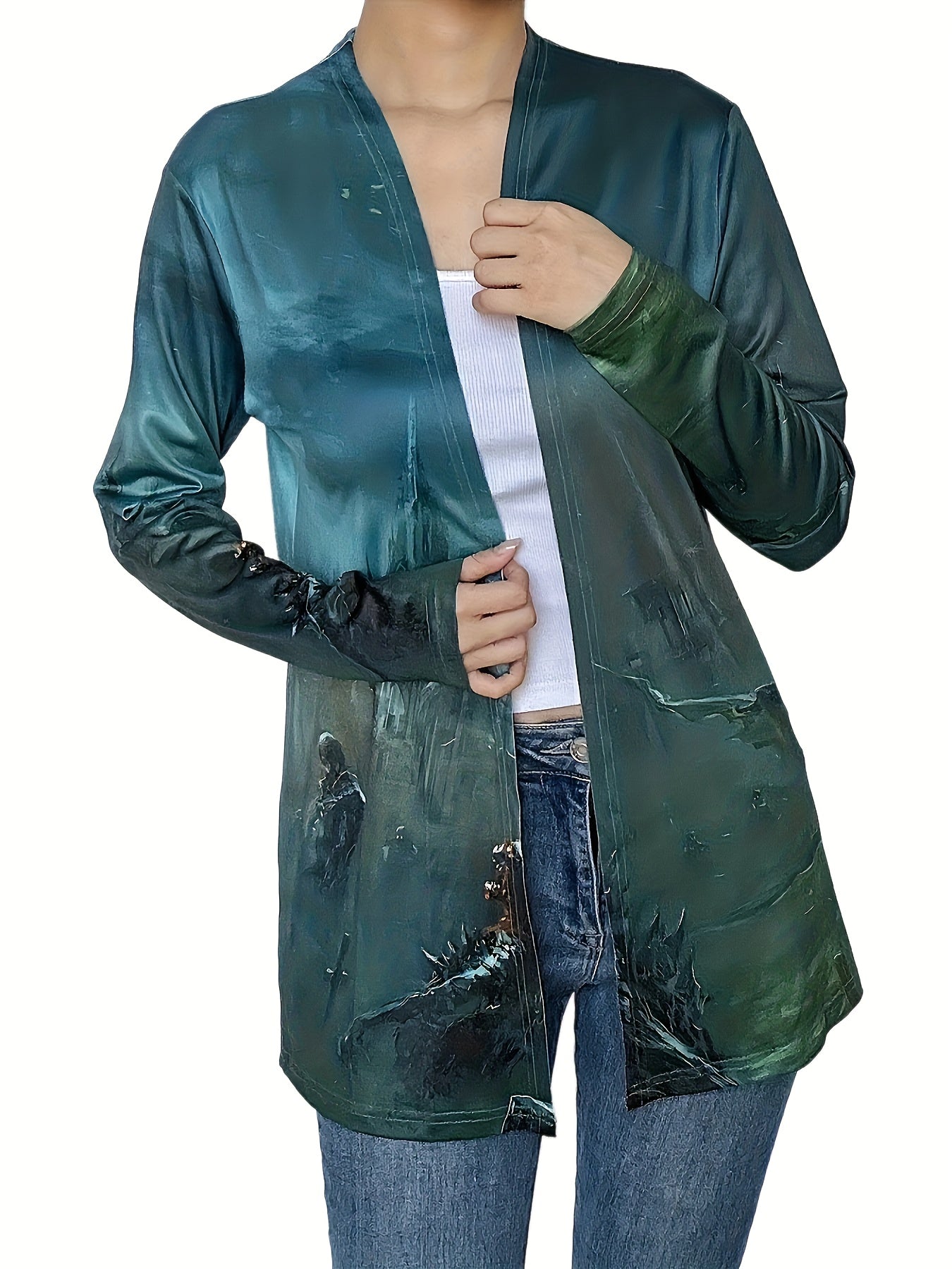 Casual Cardigan Women's Painting Print Long Sleeve Open Front