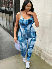 Sexy Denim Print Slim Fit Cami Jumpsuit