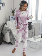 Tie Dye Print Lounge Set Long Sleeve Crew Neck Top & Pants