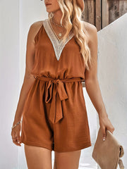 Casual Colorblock Lace V Neck Romper With Pockets & Belt
