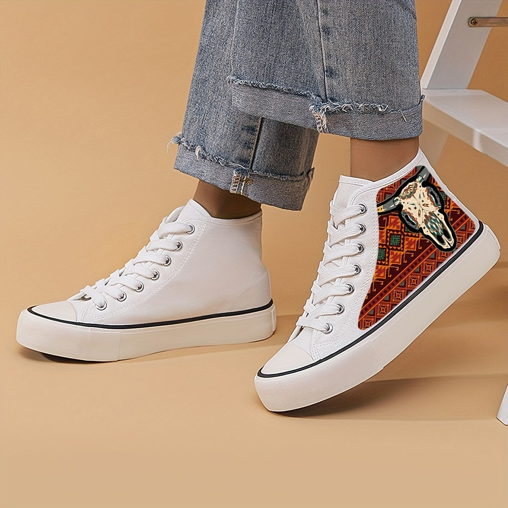 Cow Print Chunky Canvas Sneakers Lace Up High Top Skate Shoes