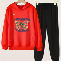 2pcs Butterfly Print Girls Hoodie & Sweatpants Set