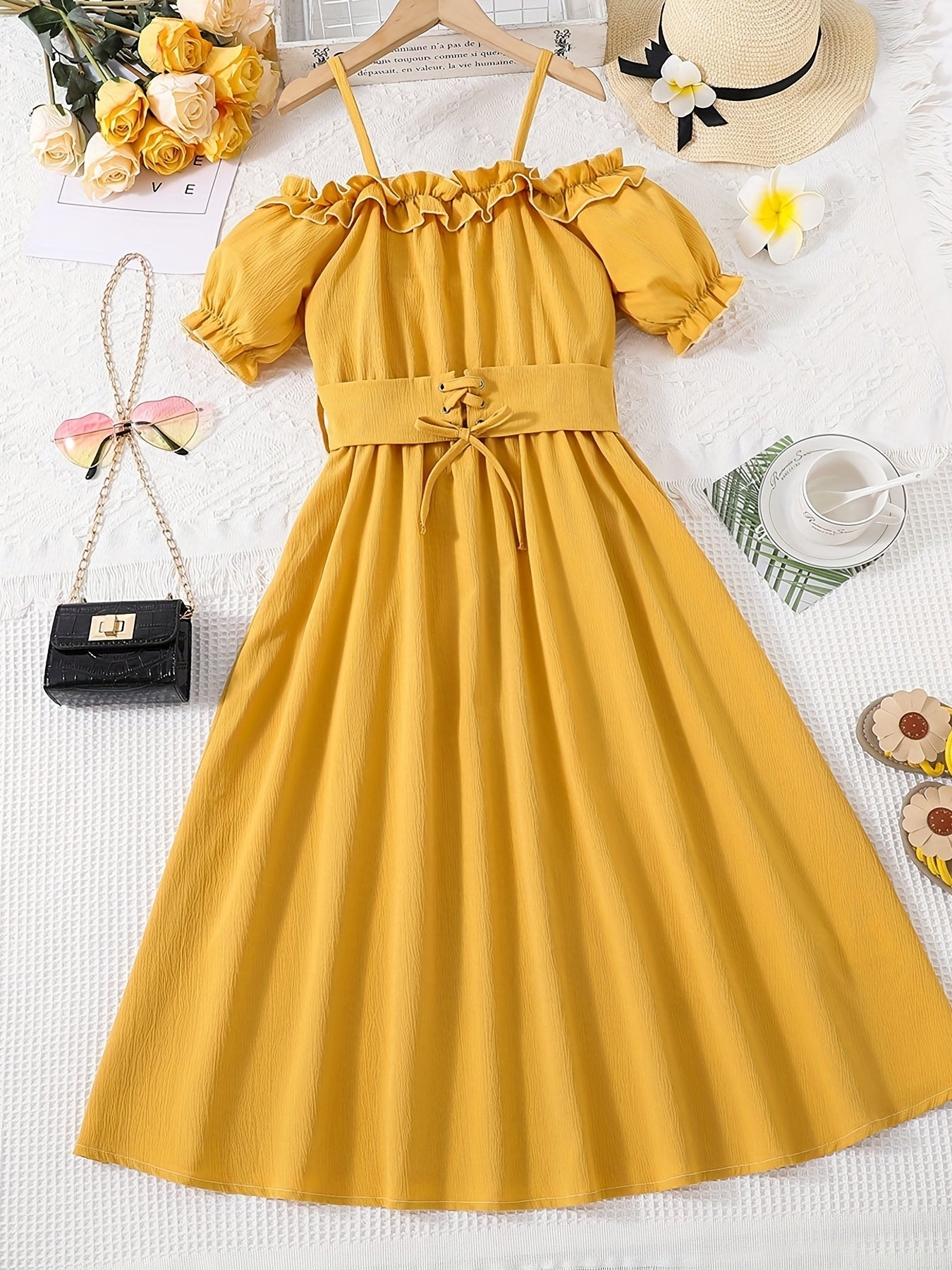 Girls Casual Solid Princess Pleated Dress Cold Shoulder Short Sleeves