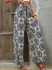 Floral Print Wide Leg Pants with Tied Waist