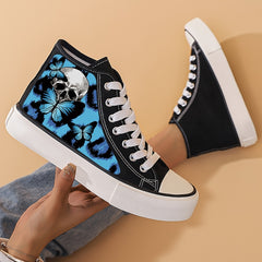 Skull & Butterfly Print Canvas Sneakers Lace Up Skate Shoes