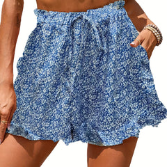 Boho Ditsy Floral Smocked Shorts Ruffle Waist Summer Women's Clothing