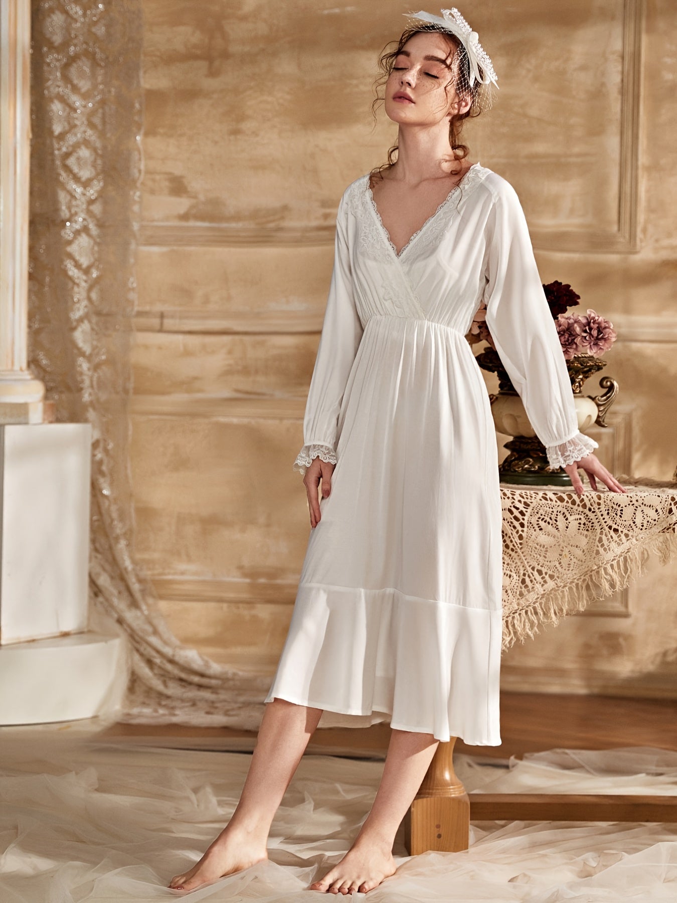 Lace NightDress Long Sleeve V Neck Ruffle Pajama Dress