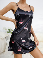 Flamingo Print Satin Sleep Dress Crew Neck Spaghetti Strap Nightdress