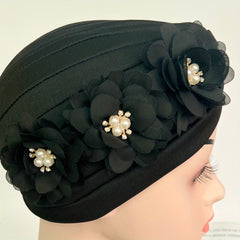 Pleated Turban Cap Faux Pearl Flower Decor Head Wrap Elastic Beanie